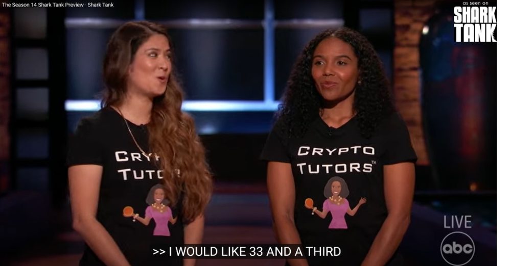 Crypto Tutors founders pitching on the Shark Tank stage